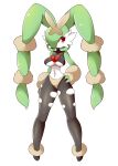  1girl absurdres animal_ears black_legwear black_shirt breasts cleavage full_body fusion gardevoir green_hair hair_over_one_eye hand_on_hip highres legs lopunny lucyfer mega_lopunny mega_pokemon navel no_humans pale_skin panties pantyhose pokemon pokemon_(creature) rabbit_ears red_eyes shirt short_hair simple_background sleeveless sleeveless_shirt solo thighs torn_clothes torn_legwear underboob underwear white_background white_panties 