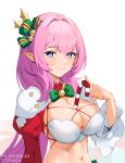  1girl between_breasts blue_eyes bow bowtie bra breasts bright_pupils candy candy_cane christmas cleavage elf elysia_(honkai_impact) ett food hair_bow highres honkai_(series) honkai_impact_3rd juliet_sleeves large_breasts long_hair long_sleeves looking_at_viewer midriff navel object_on_breast pink_hair pointy_ears puffy_sleeves revealing_clothes shrug_(clothing) sidelocks simple_background skindentation smile solo stomach underwear upper_body white_background white_bra 