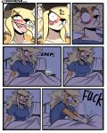  2021 ahegao alma_(capaoculta) angry bed blonde_hair blush capaoculta cheetah clothed clothing comic denied dream english_text felid feline female furniture hair hi_res humor looking_pleasured mammal profanity signature solo sound_effects text 