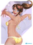  1girl artist_name asahina_aoi ass bangs bare_arms bare_shoulders bikini blue_eyes breasts brown_hair butt_crack danganronpa:_trigger_happy_havoc danganronpa_(series) dark_skin etchimune hair_ornament long_hair looking_at_viewer looking_back medium_breasts open_mouth outstretched_arms ponytail shiny shiny_hair shiny_skin simple_background smile spread_arms swimsuit thighs tied_hair upper_body yellow_bikini zoom_layer 