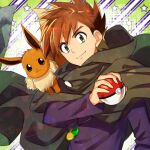 1boy bangs brown_hair cloak closed_mouth commentary_request eevee gary_oak green_eyes holding holding_poke_ball kanimaru long_sleeves looking_at_viewer male_focus poke_ball poke_ball_(basic) pokemon pokemon_(anime) pokemon_(classic_anime) pokemon_(creature) purple_shirt shirt short_hair smile spiked_hair star_(symbol) 