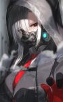  1girl bangs black_gloves collared_shirt gas_mask gloves glowing grey_hair grey_jacket highres hood hood_up hooded_jacket jacket kfr long_hair looking_at_viewer mask necktie original rain red_gloves red_necktie shirt solo upper_body wet wet_clothes white_shirt 