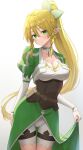  1girl bangs blonde_hair bracelet braid breasts cape cape_lift choker cleavage clothes_lift cowboy_shot detached_sleeves eyebrows_visible_through_hair green_cape green_eyes hair_between_eyes hair_ornament high_ponytail highres jewelry kanaria_hisagi large_breasts leafa lifted_by_self long_hair looking_at_viewer pointy_ears ponytail shorts standing sword_art_online twin_braids underbust waist_cape white_background white_shorts white_sleeves 