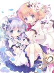  2girls :d bangs blue_bow blue_eyes blue_footwear blue_hair blurry blurry_foreground bow brown_hair commentary_request depth_of_field dress eyebrows_visible_through_hair frilled_dress frills fukaya_rin gochuumon_wa_usagi_desu_ka? hair_between_eyes hat highres holding holding_staff hoto_cocoa kafuu_chino long_hair mini_hat mini_top_hat multiple_girls petals puffy_short_sleeves puffy_sleeves purple_eyes red_bow shoe_soles shoes short_sleeves simple_background smile snowflakes socks staff tilted_headwear top_hat very_long_hair white_background white_dress white_headwear white_legwear 