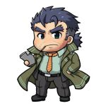  1boy aqua_shirt bara blue_eyes blush chibi cigarette coat dark_blue_hair facial_hair forked_eyebrows frown full_body gammei_(live_a_hero) green_coat hair_strand kemonosuke_(kmskths) live_a_hero looking_at_viewer lowres male_focus necktie open_clothes open_coat orange_necktie shirt solo stubble thick_eyebrows tied_hair undercut 