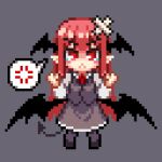  1girl anger_vein angry black_vest black_wings clenched_hands collared_shirt crossed_bandaids demon_tail frown grey_background head_wings koakuma looking_at_viewer necktie pixel_art pointy_ears red_eyes red_hair red_necktie shirt shoes simple_background solo spoken_anger_vein standing tail tears touhou vest wings youmo_de_chihuo 