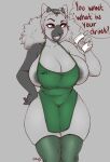  2021 5_fingers anthro apron apron_only areola areola_slip big_breasts biped breasts clothing coffee_cup container cup dialogue english_text female fingers green_apron hi_res holding_coffee_cup holding_cup holding_object horn huge_breasts i_mean_breast_milk mammal meme mostly_nude niis niis_(character) open_mouth solo speech_bubble squish talking_to_viewer text thigh_squish 