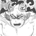  1boy absurdres angry animal_ears bara cow_boy cow_ears cow_horns facepaint facial_hair fiery_horns fire forked_eyebrows glowing_horns goatee greyscale highres horns large_pectorals looking_at_viewer male_focus monochrome no_pupils nude pectorals portrait sharp_teeth short_hair solo tatatan_(ts_kon2) teeth thick_eyebrows tokyo_afterschool_summoners upper_body wakan_tanka 