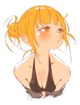  1girl :o absurdres bare_shoulders blonde_hair boku_no_hero_academia breasts cleavage commentary_request hair_bun highres light_blush looking_to_the_side messy_hair orange_eyes rasusurasu simple_background solo toga_himiko upper_body white_background 