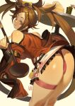  1girl ass ass_focus bangs bare_shoulders breasts brown_eyes brown_hair china_dress chinese_clothes closed_mouth commentary_request dress drink dumpling fingernails food frills guilty_gear hair_ornament hairclip highres holding kuradoberi_jam ladle leaning_forward lips long_hair looking_at_viewer looking_back panties pink_panties poch4n shiny shiny_hair shiny_skin short_dress simple_background sleeveless smile thigh_strap thighs tray underwear wide_sleeves 