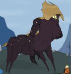  2019 absurd_res arthropod arthropod_taur beetle_queen big_breasts breasts featureless_breasts female front_view glowing glowing_eyes hand_on_breast hi_res holding_breast insect insect_taur methados non-mammal_breasts nude outside risk_of_rain solo taur 