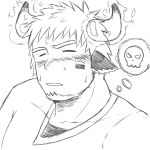  1boy absurdres animal_ears bara blush cow_boy cow_ears cow_horns facepaint facial_hair fiery_horns forked_eyebrows glowing_horns goatee greyscale highres horns looking_at_viewer male_focus monochrome pectorals portrait shirt short_hair skull solo sweat sweatdrop tatatan_(ts_kon2) thick_eyebrows thought_bubble tokyo_afterschool_summoners upper_body wakan_tanka 
