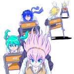  2boys 3girls anger_vein aqua_hair blonde_hair blood blue_eyes blue_hair blue_outline blue_scarf bow brown_vest chair commentary_request empty_eyes gapinelu giving_up_the_ghost grey_skirt hair_bow hatsune_miku kagamine_len kagamine_rin kaito_(vocaloid) leaning_forward long_hair looking_at_another looking_back megurine_luka miniskirt multiple_boys multiple_girls nosebleed outline pink_hair pleated_skirt racing scarf shadow shirt shoes short_hair sitting sitting_backwards skirt spiked_hair tears uwabaki vest vocaloid white_background white_bow white_shirt 