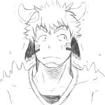  1boy absurdres animal_ears bara cow_boy cow_ears cow_horns ears_down facepaint facial_hair fiery_horns forked_eyebrows glowing_horns goatee greyscale highres horns light_blush looking_at_viewer male_focus monochrome pectorals portrait raised_eyebrows short_hair sketch solo surprised tatatan_(ts_kon2) thick_eyebrows tokyo_afterschool_summoners upper_body wakan_tanka 