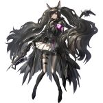  1girl animal_ear_fluff animal_ears arknights armband bangs black_coat black_footwear black_hair coat crossbow drone eyebrows_visible_through_hair full_body grey_legwear grey_sweater hand_up holding holding_crossbow holding_weapon kjerag_logo long_hair long_sleeves looking_at_viewer miniskirt moschi_(arknights) official_art open_clothes open_coat pantyhose pleated_skirt purple_eyes ryuuzaki_ichi shoes skirt solo sweater thigh_strap transparent_background twintails very_long_hair weapon white_skirt 
