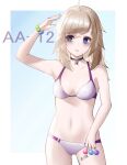  1girl aa-12_(girls&#039;_frontline) absurdres bangs barcode barcode_tattoo bare_shoulders bikini blonde_hair blue_eyes bracelet breasts bruise bruised_eye candy character_name closed_mouth codename696 collarbone eyebrows_visible_through_hair feet_out_of_frame food girls&#039;_frontline hand_up highres holding holding_candy holding_food holding_lollipop injury jewelry leg_tattoo lollipop long_hair looking_up medium_breasts navel neck_ribbon necklace ribbon simple_background solo standing star_(symbol) star_necklace swimsuit tattoo white_bikini white_swimsuit 