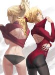  1girl ass back back_cutout bangs black_leotard blonde_hair braid breasts clothing_cutout fate/apocrypha fate_(series) french_braid green_eyes highres jewelry jewelry_removed leotard long_hair long_sleeves looking_at_viewer looking_back mordred_(fate) mordred_(fate/apocrypha) multiple_views necklace necklace_removed pantyhose parted_bangs parted_lips pendant ponytail red_legwear revision sidelocks small_breasts tonee turtleneck_leotard 