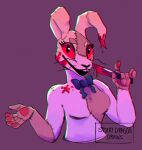  anthro big_eyes blood blood_on_face blood_on_knife blood_on_weapon bodily_fluids bow_tie breasts buckteeth female five_nights_at_freddy&#039;s five_nights_at_freddy&#039;s:_security_breach knife lagomorph leporid looking_at_viewer mammal open_mouth rabbit red_sclera scottgames simple_background smile solo stitch_(sewing) teeth thespookydragon vanny_(fnaf) video_games weapon whiskers white_body 