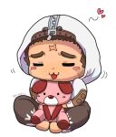  1boy blush chibi cross_scar facial_hair full_body heart holding holding_stuffed_toy hood hood_up houzouin_oniwaka kemonosuke_(kmskths) long_sideburns male_focus scar scar_on_face scar_on_forehead sideburns solo stubble stuffed_toy thick_eyebrows tokyo_afterschool_summoners 
