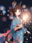  1girl absurdres animal_ears bangs blurry bokeh brown_hair closed_mouth commentary cowboy_shot depth_of_field fine_motion_(umamusume) fireworks floral_print flower green_eyes hair_bun hair_flower hair_ornament highres holding_fireworks horse_ears horse_girl horse_tail japanese_clothes kimono lens_flare looking_at_viewer medium_hair multicolored_hair obi sash smile solo sparkler sparks tail two-tone_hair umamusume wide_sleeves yukata yuu_(youh4016) 