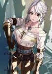  1girl absurdres breasts brown_pants ciri cleavage elbow_gloves gloves green_eyes highres jewelry kagematsuri lips looking_at_viewer medium_breasts necklace pants scar scar_across_eye shirt solo sword the_witcher_(series) weapon white_hair white_shirt wolf_necklace 