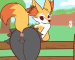  absurd_res anthro anus black_body black_fur braixen breasts butt butt_focus canid canine detailed_background eyebrows female female_focus fox fur genitals hi_res inner_ear_fluff looking_at_viewer looking_back mammal markings multicolored_body multicolored_fur nintendo orange_body orange_fur pok&eacute;mon pok&eacute;mon_(species) presenting presenting_hindquarters pussy rear_view shnuzzlez solo tail_markings tuft video_games yellow_body yellow_fur 