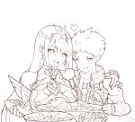  1boy 1girl arm_around_shoulder bangs bare_shoulders blonde_hair breasts brown_hair chest_jewel cleavage cleavage_cutout clothing_cutout detached_sleeves earrings food gem gloves headpiece heart highres jewelry large_breasts linzi monochrome mythra_(xenoblade) nervous nintendo open_mouth plate rex_(xenoblade) sandwich shirt sketch smile swept_bangs tiara white_gloves xenoblade_chronicles_(series) xenoblade_chronicles_2 yellow_eyes 