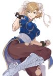  1girl blonde_hair boots bracelet breasts bun_cover china_dress chinese_clothes chun-li chun-li_(cosplay) cosplay djeeta_(granblue_fantasy) double_bun dress granblue_fantasy hashibiro_kou_(garapiko_p) jewelry leg_up pantyhose spiked_bracelet spikes street_fighter torn_clothes torn_legwear white_background 