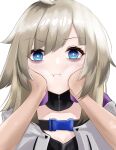  1girl aa-12_(girls&#039;_frontline) absurdres bangs blonde_hair blue_eyes blush bruise bruised_eye closed_mouth codename696 eyebrows_visible_through_hair girls&#039;_frontline highres injury jacket long_hair looking_at_viewer open_clothes open_jacket solo_focus white_background white_jacket 