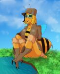  2021 antennae_(anatomy) anthro arthropod bee beeopold_(reapcreates831) big_breasts black_sclera blonde_hair bomber_jacket breasts claws clothing detailed_background eyewear female glasses grass hair hat headgear headwear hi_res hymenopteran insect not_furry open_mouth plant reapcreates831 sitting solo stinger water yellow_body 