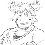  1boy absurdres animal_ears bara cow_boy cow_ears cow_horns crossed_arms facepaint facial_hair fiery_horns forked_eyebrows glowing_horns goatee greyscale grin highres horns looking_at_viewer male_focus monochrome pectorals portrait raised_eyebrow short_hair smile smug solo tatatan_(ts_kon2) thick_eyebrows tokyo_afterschool_summoners upper_body wakan_tanka 