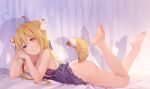  1girl 8d8d8 ahoge animal_ear_fluff animal_ears bangs barefoot bed_sheet blonde_hair blue_eyes blush bottomless breasts cat_ears cat_girl cat_tail feet heterochromia long_hair lying medium_breasts nipples on_bed on_stomach original parted_lips see-through_dress soles solo squinting tail tail_from_the_crypt tail_raised teeth toes yellow_eyes 