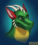  3/4_view abstract_background absurd_res blue_background curved_horn dragon green_body green_eyes green_scales headshot_portrait hi_res horn male polosatik portrait red_ears scales simple_background white_horn 