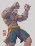  1boy abs bald bandaged_arm bandages blue_shorts eyepatch fighting_stance highres large_pectorals male_focus mature_male muscular muscular_male navel pectorals sagat shorts solo stomach street_fighter topless_male will_murai wrestling_outfit 