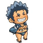  1boy ^_^ bara beard blue_hair blue_male_swimwear blush chibi closed_eyes crossed_arms facial_hair fins fish_boy full_body jacket kemonosuke_(kmskths) lowres male_focus male_swimwear mature_male muscular muscular_male short_hair sideburns solo stubble swim_briefs thick_eyebrows tokyo_afterschool_summoners track_jacket triton_(housamo) 