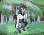  2021 brown_hair clothing detailed_background female green_body hair hair_over_eye hi_res humanoid kneeling legwear not_furry one_eye_closed one_eye_obstructed plant red_eyes scar sheico signature solo stitch_(disambiguation) thigh_highs tree undead zombie 