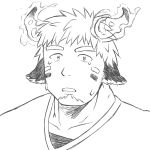  1boy absurdres animal_ears bara cow_boy cow_ears cow_horns facepaint facial_hair fiery_horns forked_eyebrows glowing_horns goatee greyscale highres horns looking_at_viewer male_focus monochrome portrait sad short_hair solo staring tatatan_(ts_kon2) tearing_up tears thick_eyebrows tokyo_afterschool_summoners upper_body wakan_tanka 