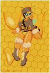  2021 antennae_(anatomy) anthro arthropod bee beeopold_(reapcreates831) black_sclera blonde_hair bomber_jacket boots clothing eyewear female footwear glasses hair hat headgear headwear hi_res honeycomb hymenopteran insect not_furry reapcreates831 satchel signature simple_background solo stinger watermark wings yellow_background yellow_body 