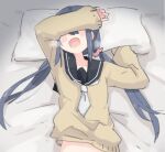  1girl blue_hair blush covering_face implied_sex long_hair lying on_back on_bed open_mouth pillow school_uniform shima_rin shiroshi_(denpa_eshidan) solo twintails visible_air yurucamp 