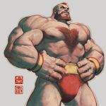  1boy abs beard chest_hair facial_hair feet_out_of_frame hands_on_hips large_pectorals male_focus mature_male mohawk muscular muscular_male mustache navel nipples pectorals short_hair sideburns solo standing stomach street_fighter thick_thighs thighs topless_male will_murai wrestling_outfit zangief 
