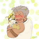  2boys animal_ears bara bare_arms bare_shoulders cheek-to-cheek crying dark-skinned_male dark_skin dog_ears facial_hair fangs furry furry_male goatee gomeisa_(live_a_hero) green_eyes grey_hair hair_strand heads_together hug kemonosuke_(kmskths) live_a_hero long_sideburns male_focus multiple_boys muscular muscular_male procy_(live_a_hero) short_hair sideburns sleeveless tattoo tears thick_eyebrows tribal_tattoo upper_body 