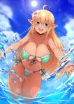  1girl :d ahoge ass_visible_through_thighs bikini blue_eyes breasts cleavage cowboy_shot day elf fanbox_username flower glint green_bikini groin hair_flower hair_ornament hanging_breasts highres jewelry large_breasts leaning_forward looking_at_viewer necklace original outdoors pearl_necklace pointy_ears smile solo splashing swimsuit teeth thigh_gap upper_teeth virus-g water 