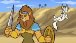  anthro canid canine christopher_andrew_eugene_bazioni_(joshua_and_the_promised_land) desert duo felid fox halo hi_res joshua_(joshua_and_the_promised_land) joshua_and_the_promised_land_reanimated kavalliernc lion male mammal mane melee_weapon outside pantherine saberspark shield sword weapon 