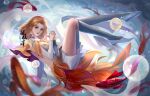  1girl blonde_hair bubble douluo_dalu dress feng_muze fish high_heels highres hu_liena_(douluo_dalu) koi short_hair shoulder_cape skirt thighhighs thighs water white_dress 