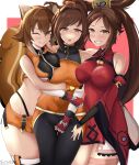  3girls absurdres animal_ears artist_name bandages bangs bare_shoulders blazblue blush breast_press breasts brown_eyes brown_hair buttons chinese_clothes commentary dnf_duel dress dungeon_and_fighter fighter_(dungeon_and_fighter) fingerless_gloves gloves gradient gradient_hair guilty_gear hair_ornament hairclip highres kuradoberi_jam large_breasts long_hair makoto_nanaya midriff multicolored_hair multiple_girls one_eye_closed open_mouth pants parted_lips scrapy shiny shiny_clothes shiny_hair short_dress short_hair shorts signature skin_tight sleeveless squirrel_ears squirrel_tail striker_(dungeon_and_fighter) tail teeth thighs tongue tongue_out two-tone_hair wide_sleeves 