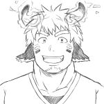  1boy :d absurdres animal_ears bara cow_boy cow_ears cow_horns facepaint facial_hair fiery_horns forked_eyebrows glowing_horns goatee greyscale highres horns looking_at_viewer male_focus monochrome portrait short_hair smile solo tatatan_(ts_kon2) thick_eyebrows tokyo_afterschool_summoners upper_body wakan_tanka 