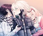  1girl 2boys ahoge bangs bisexual_male black_scarf blue_bow blue_bowtie blush bow bowtie buttons checkered_clothes checkered_scarf cheer_(cheerkitty14) closed_eyes collarbone danganronpa_(series) danganronpa_v3:_killing_harmony goggles goggles_on_head grey_background grey_jacket holding_hands hug iruma_miu jacket keebo kiss long_hair long_sleeves looking_at_another multiple_boys ouma_kokichi pale_skin pink_shirt power_armor sailor_collar scarf shirt short_hair simple_background teeth upper_teeth white_sailor_collar white_scarf 