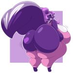  absurd_res anthro arizonathevixen big_breasts big_butt breasts butt clenched_teeth clothing eyes_closed female hair hi_res huge_breasts huge_butt mammal mephitid pulling_clothing purple_body purple_hair shirt skunk solo struggling_to_fit sweatpants tank_top teeth thick_thighs topwear wide_hips 