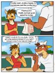  anthro backwards_baseball_cap backwards_hat baseball_cap bovid bovine burger canid canine canis cattle clothed clothing comic coyote dialogue duo english_text food fully_clothed fuze hat headgear headwear hi_res male mammal mond_reyes restaurant shirt sitting t-shirt tank_top texnatsu text topwear ty_conrad 