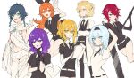  2boys 5girls albedo_(genshin_impact) amber_(genshin_impact) androgynous arms_behind_head arms_up bangs belt black_gloves black_hair black_jacket black_necktie black_neckwear black_shorts blonde_hair blue_eyes blue_hair bow braid collared_shirt colored_eyelashes commentary crossed_arms crystal_hair elbow_gloves english_commentary eula_(genshin_impact) eyebrows_visible_through_hair fluffynyans frilled_gloves frills gem_uniform_(houseki_no_kuni) genshin_impact gloves gradient_hair green_eyes green_nails hair_bow hair_over_one_eye highres holding holding_paper holding_weapon houseki_no_kuni jacket jean_(genshin_impact) lisa_(genshin_impact) long_hair looking_at_viewer multicolored_hair multiple_boys multiple_girls navel necktie one_eye_covered orange_eyes orange_hair paper ponytail puffy_short_sleeves puffy_sleeves purple_eyes purple_hair red_eyes red_hair ribbon robe rosaria_(genshin_impact) saw shirt short_hair short_hair_with_long_locks short_shorts short_sleeves shorts side_braids sidelocks simple_background single_thighhigh smile sparkle thighhighs twin_braids venti_(genshin_impact) weapon white_background white_gloves white_jacket white_shirt yellow_eyes 